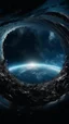 Placeholder: Earth view from a distance, a lot of Intelsats orbiting around Earth, Hole apocalypse wipes out Universe. Cold blue cloudy hole collision a shape of devilish dark body , Cinematic interstellar