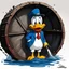 Placeholder: [caricature style] sad Donald Duck (in blue jacket, white sheet, red tie) inside a barrel of crude oil, covered by dark slime, one hand on the side of the barrel, a bloody writing says "the Persian quagmire", he holds a lighter in his right hand. the scene is over the strait of Hormuz