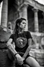 Placeholder: A portrait of an attractive young Italian punk girl. Photo taken in front of the Colosseum. Holey T-shirt, short red skirt, heavy boots, a few tattoos and piercings, colourful teased hair voivod style, sitting pose, 135 mm lens, classic Ilford film, highly detailed skin,