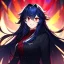 Placeholder: Clear focus, 8k, beautiful lighting, vibrant colors, girl, dark blue hair, long hair, vibrant red eyes, messy hair, angry, smile,