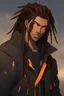 Placeholder: Anime male, age 22, long thick dreadlocks doing down past neck length, orange highlights in hair, dark brown natural hair color, black and orange zip up jacket, deep orange eyes, lean slim muscular body, cybernetic features on face, glowing orange cybernetic features in hair, relaxed smile