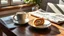 Placeholder: A single delicates roll cake filled citrone creme on a small ceramic plate on a wooden table. A steaming mug (possibly coffee or tea) and a folded newspaper are also on the table. Natural, warm sunlight streams in from a window on the left, casting pleasant shadows and creating a cozy, relaxed morning atmosphere