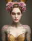 Placeholder: upper bust portrait, the queen of butterflies, corset, intricate metal work flower crown, butterfly wings on back, flower tattoos, 8k resolution concept art, dynamic lighting, intricately detailed, hyperdetailed, beautiful, ethereal, elegant, golden hour, (butterfly), gothic