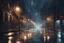 Placeholder: Beautiful illustration of an empty rain soaked street in the city, street lights on either side, 4k concept art