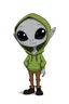 Placeholder: grey cartoon alien with black eyes, has a green hoodie on, 5 foot tall, brown pants and black shoes, standing full body image