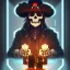 Placeholder: a cyberpunk hacker pirate captain skeleton holding one beer with a pirate hat sitting in front of a huge old crt monitor in a dark room , only light coming from crt monitor, highly detailed, intricate, digital art, trending on artstation, trending on cgsociety, by greg rutkowski