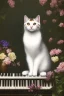Placeholder: A young beautiful cat, portrait, is sitting on a piano, with some flowers around.