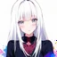 Placeholder: a close-up headshot of a shy young woman with long white hair, silver eyes with long lashes, slim delicate build, sickly complexion, soft, anime style, intricately detailed, splotchy watercolor background,