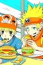 Placeholder: Naruto and mario eating a burger in japan.