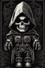 Placeholder: skull head on toy robot in a black hooded cloak drawn in a retro mascot style, inside a light diamond shape on a black background, monochromatic