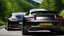Placeholder: A sleek rear view of (((a cross of bentley and porsche 911))), on street, with hill and trees around, a beautiful clouds and sunny weather