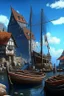 Placeholder: gothic, medieval, fishing town, rocks, long piers, fishing boats, shops, blue sky