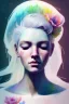 Placeholder: a woman, side profile, closed eyes, white hair, pastell, watercolor splash, white dress, rainbow flowers, in the style of Camilla d'Errico, hyper detailed, beautiful, complex, trending on artstation, cryengine, national geographic photo, chiaroscuro