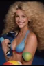 Placeholder: extremely tiny, thin, beautiful Sheena Greane with long, wavy curly blonde hair, wearing a wearing swimming gear, smiling a happy smile, extremely giant, oversized, humongous orbs, pitch black background, professional quality studio 35mm 8x10 uhd photograph,