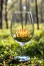 Placeholder: Create hyper-realistic photo of a wine glass in a wild forest. Inside, a miniature [New York] with landmarks. A trasparrent 3D text of [New York] blends naturally into the landscape . Soft bright daylight, reflections, and subtle imperfections like fingerprints. DSLR quality, sharp focus.