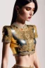 Placeholder: Beautiful perfect Portrait lady, full body shot, full-color long shot skin-tight ornate gold filigree sheer crop top Tshirt and silver leather miniskirt positive space detailed hyperdetailed insane masterpiece picture of the day