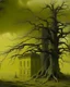 Placeholder: A yellow haunted mansion in a thunderstorm painted by Caspar David Friedrich