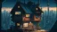 Placeholder: small german Cabin, In cyberpunk city-skyline, comic style, realistic coloring