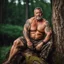 Placeholder: close up photography of an angry 56 years old seated on a tree trunk in the wood, burly strong chubby muscular , big shoulders, manly chest, bulging hunter camouflage trouser , shirtless, hairy , golden hour, tatoo, 35mm lens, f/1.8, accent lighting, global illumination, frontal view from the ground