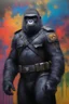 Placeholder: general Aldo the extremely muscular, black gorilla military leader from Planet of the Apes wearing a clean, black leather military uniform, and a black helmet - extremely colorful, multicolored paint splattered wall in the background, oil painting by Leonardo da Vinci