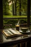 Placeholder: coffee on table and its raining heavily outisde, trees and old lamp mist books