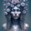 Placeholder: perfect long-haired woman, perfect eyes, full face tattoo of flower art and trees extending past face and morphing into galaxy, 8k resolution, high-quality, fine-detail, intricate, digital art, volumetric lighting