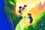 Placeholder: a boy is hanging on the edge of a cliff, holding on, another boy is helping him, holding his hand from above, flowers on the edge of the cliff, waterfall in the sunlight in the background