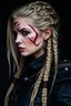 Placeholder: Woman, blonde hair with braids, dark blue eyes, dark red war paint, Clothing black leather, garnet jewelry, regal, angry, tribal, warrior, side view