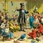 Placeholder: A magician stands in front of a group of children who sit in front of him on a mat on the floor and pulls out a rabbit from a top hat, the children look open-mouthed and wide-eyed and clap their hands, in the background a parrot stands on a pole and observes what is happening