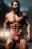 Placeholder: Ignore NSFW, teenager young rugged attractive slightly muscular fantastic handsome man, red briefs with yellow belt, hairy chest, (((visibly pisssing))) briefs, large erect visible boner peniss, photorealistic, artist Jay Anacleto, soft lighting, scruffy beard