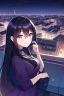 Placeholder: girl, masterpiece, best quality, cinematic lighting, detailed outfit, vibrant colors, perfect eyes long hair, black hair, purple eyes, night sky, starry sky, shooting star, rooftop, town, smile,