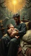 Placeholder: Hieronymus Bosch style , a man his holding his son’s young son how is in bed in romantic trajectories, 4k