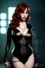 Placeholder: Christina Hendricks dressed in black leather gown, frank miller sin city, busty, cleavage, volumetric lighting, particales,highly detailed,cinematic, deep colours,8