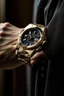 Placeholder: Generate an image of an Audemars Piguet gold watch on a wrist, emphasizing how it complements a person's style and adds a touch of sophistication.