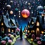 Placeholder: Detailed, people, street made of modeling clay and felt, village, stars, galaxy and planets, black sun, volumetric light, ZBrush, Max Ernst, flowers, naïve, Tim Burton, strong texture, extreme detail, Yves Tanguy, decal, rich moody colors, sparkles, Harry Potter, bokeh, odd