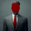 Placeholder: a man wearing a grey suit with a red tie who has no eyes or face