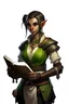 Placeholder: Dungeons and dragons half orc girl. She has green skin and pointy ears. She is kind. She has short hair. She carries a book. She is in a tavern. Realistic style