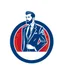 Placeholder: A circular logo with a vector of a groom in a suit at the top of the logo in a blue, red, white and gold color theme.