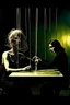 Placeholder: a surreal abstract image of a woman seated on a table, she is connected to string like a puppet, arms in air, moved by the strings, puppet like features in the face, beautiful face, looks desperate to break free, behind her is a huge image of a man holding the strings, creepy character,.zoomed in, dark and shadowy background with selective lighting on the woman