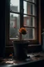 Placeholder: Dying flower in pot, sitting on windowsill, petals falling off, looking straight on, hd, realism, hdr, 4k, leica, fujifilm, dslr, cinematic