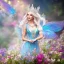 Placeholder: Fantasy fairy with transparent wings, smiling, make up, long platinum blond hair with crown and flowers, blue dress, flowering background