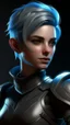 Placeholder: create a female air genasi from dungeons and dragons, dark gray short hair, light blue eyes, wind like hair, wearing hot leather clothing, realistic, from waist up, digital art, high resolution, strong lighting