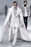 Placeholder: a guy on winter fashion runway with modern clothes inspired by Superman's emblem style, embroidery elegant fashion white tones