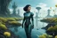 Placeholder: young woman in an android suit with dark hair, standing on the shore of an alien sea. Floating forests with dandelion tops in the distance