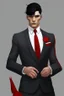 Placeholder: Realistic, red eyes, light skin, short black hair, red earring, suit and tie clothing, gloves on hand