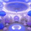 Placeholder: landscape of aztecan blue temple ambient beutiful villa white gold and neon lights bright and blue bright gloss effect of a futuristic house,like spaceship, natural round shapes concept, large transparent view of the open outdoor garden,sea beach,blue sky , gold crystals,with light blue, flowers of Lotus, beutiful pools, light of sun , palmiers,cerisiers en fleurs, wisteria, sun , stars, small waterfalls