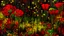 Placeholder: surreal tranquility meadow,magic lighting,deep dark rich colors,minimalism, with a little gold, magic lighting, small sparkles, glowing silk red poppies and plants made of silk threads, with dark, black, gold and red colors, minimalist style, black gold lines, alcohol ink splash, stylized artistic patchwork,surreal fantasy utopian