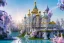 Placeholder: a magical crystal flower magnolias wisteria blue gold house russian palace castle in the woods, magnolias pink,blue lake,sun,white swanns,pink vertical, blue lake,sharp, vines, candlelit, endor, ornate, elegant, highly detailed, artstation, concept art, smooth, sharp focus, illustration, 8k, splash art, wallpaper, key visual