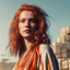 Placeholder: A beautiful portrait of a cyberpunk woman with lot's of grain on her skin red head with hair flying in the wind cyborg smiling facing camera orange color scheme, high key lighting, volumetric light high details with white stripes and feathers unreal 5, octane render, cinema4d, dynamic lighting, dramatic lighting, 4k, redshift render, highly detailed, hyper realistic