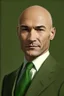Placeholder: realistic Portrait of a man in his late forties. He wears a brown suit and a green tie and he is bald. he looks like a politcian